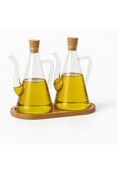 BRF Nacario Akasya Ahşap Altlıklı İkili Cam Yağdanlık Seti – Zeytinyağı ve Si...