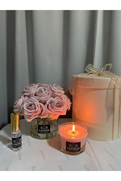 VINNOS HOME CONCEPT Yapay Çiçek Hediye Seti - Pembe 12'li Gül, 230 ml Kokulu ...