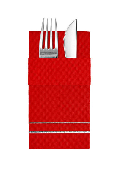 Story مناديل ورقية حمراء اللون مقاس 40×40 سم بنمط خطوط فضية مع 16 جيبًا