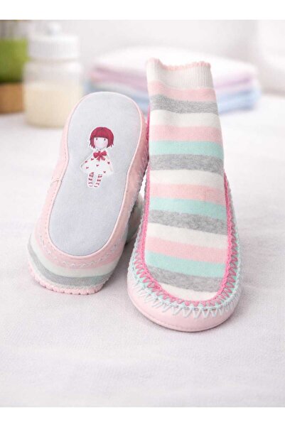 Candan Pastel Çizgili Bebek Çorap Ayakkabı – Kaydırmaz Taban, Yumuşak ve Esne...