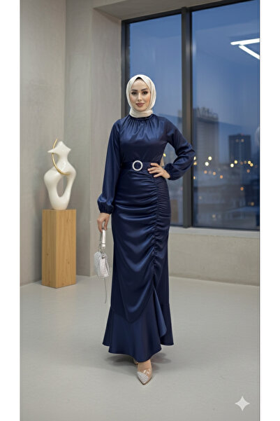 modasusev Gathered Satin Hijab Evening Dress
