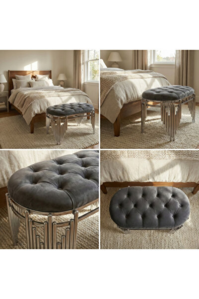 lowena home Ultra Lak Gümüş Kaplama Metal Ayaklı Antrasit Baby Face Kumaşlı Puf