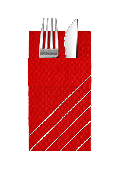 Story مناديل ورقية حمراء اللون مقاس 40×40 سم بنمط خطوط فضية مع 16 جيبًا