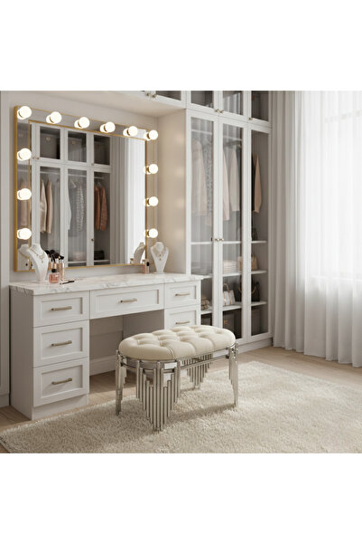 lowena home Ultra Lak Gümüş Kaplama Metal Ayaklı Krem Baby Face Kumaşlı Puf