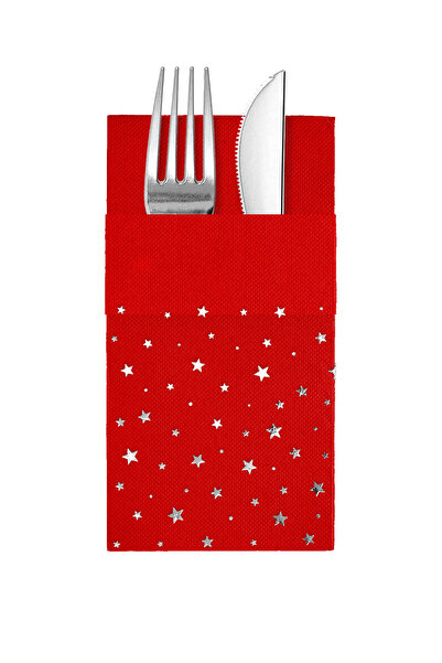 Story مناديل ورقية حمراء اللون مقاس 40×40 سم بنمط نجوم من ورق الفضة مع 16 جيبًا