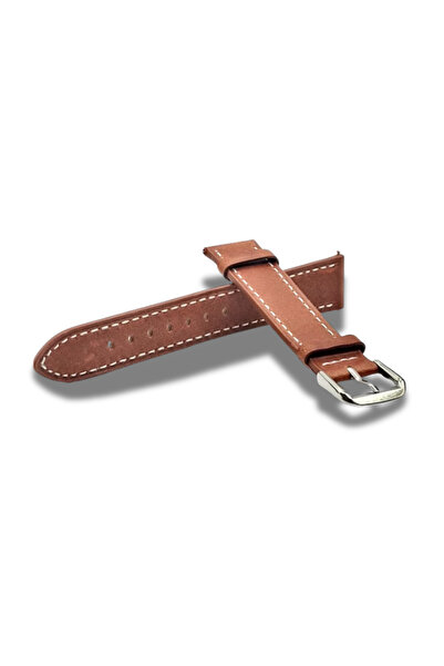 GENUINE LEATHER Genuine Leather Watch Strap Brown Color Brick Tint White Stit...