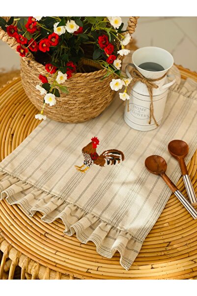 HOME OF BLOSSOM Yeşil ince çizgili keten Nakışlı Mutfak örtüsü