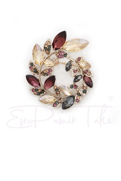 Esra Pamir Kahverengi Renk Kristal Taşlı Çelenk Broş