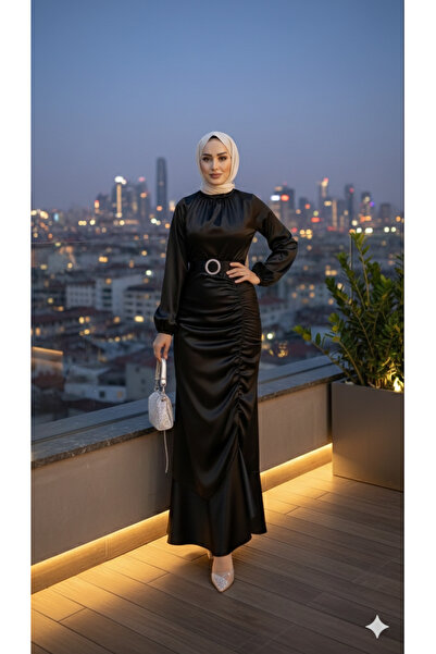 modasusev Gathered Satin Hijab Evening Dress