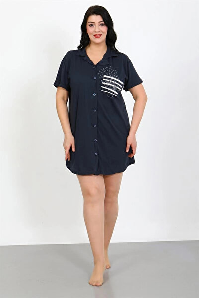 mtm My The Mall Plus Size Combed Cotton Buttoned Navy Blue Tunic Nightgown