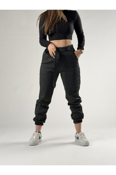 COCOPELLI Vertical Striped Belted Black Women's Jogger Pants Coc2757