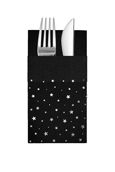 Story مناديل ورقية سوداء اللون مقاس 40x40 سم مع نجوم من ورق الفضة و16 جيبًا.