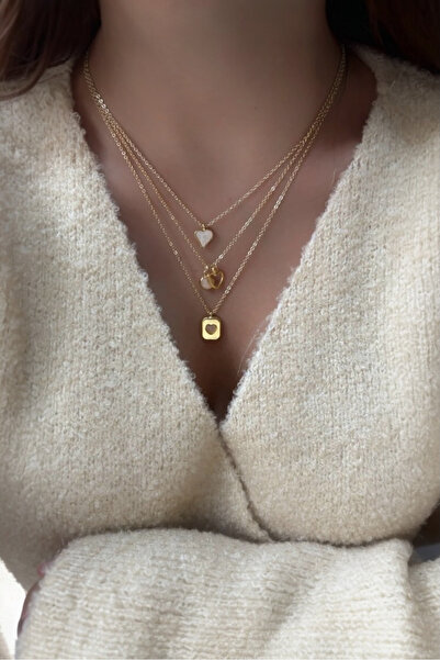 stravis Gold Renk Kalp Charm 3’lü Kolye Seti