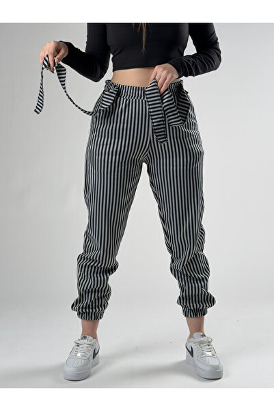 COCOPELLI Striped Belted Black Women's Jogger Pants Coc2761