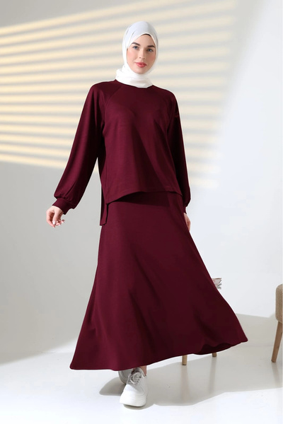 MetuCA Women's Burgundy Crew Neck Flowy Modal Fabric Tunic Skirt Double Set