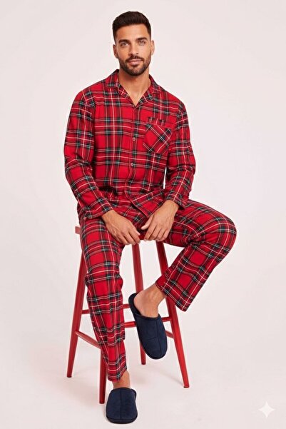 MİMİ PİJAMA Men's Long Sleeve Plaid Shirt Pajama Set Couple Combination