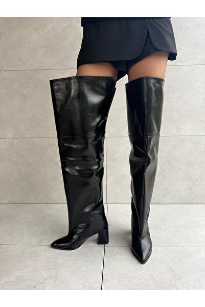 Elvinin Tarzı Morgan Black Wrinkled Extra Wide XL Over-The-Knee Boots
