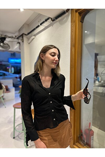 bestie co Büzgülü Bağcık Detaylı Transparan Gömlek Siyah