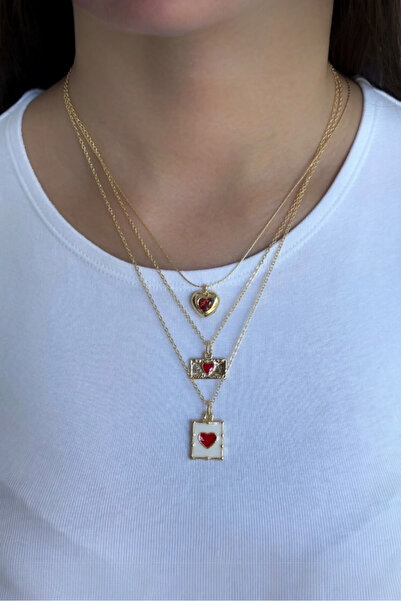 stravis Gold Renk Çoklu Kalp Charm 3’lü Kolye Seti