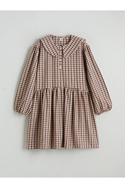 LC Waikiki LCW Παιδικό μπορντό καρό φόρεμα με γιακά για κορίτσια