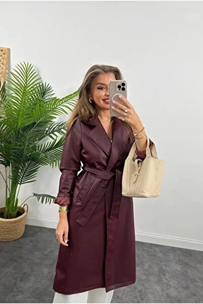 MEECY Palton lung din piele cu curea pentru femei, nou sezon