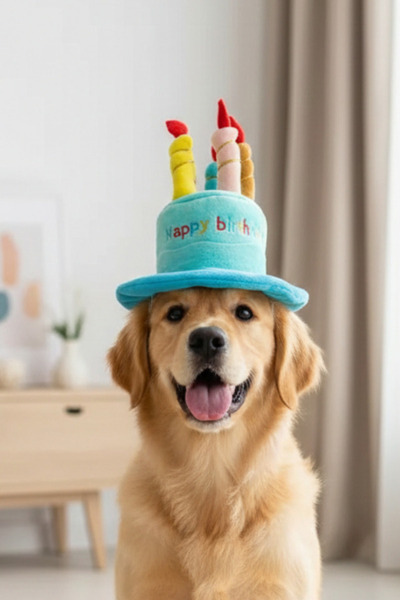 shop Cat and Dog Hat with Happy Birthday Written and Candle Figure - Blue Plu...