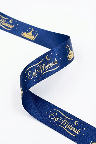 OLİ Art Eid Mubarak Gold Printed Navy Blue Ribbon 5 Meters – Gold Gilded Rama...