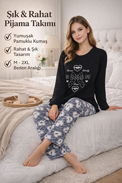 YONCA OUTLET Women's Cotton Pajama Set Long Sleeve – Patterned Bottom, Comfor...