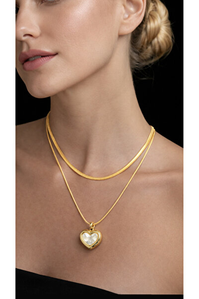 liore dünyası Steel Gold Color Double Chain Heart Necklace