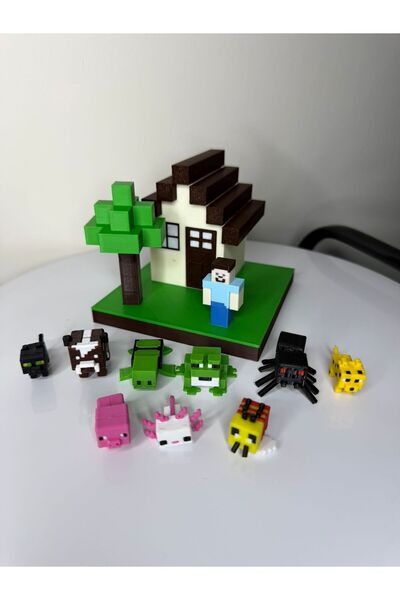 MYA 3D TASARIM ATÖLYESİ 3D MineCraft Ev Ağaç Steve ve Hayvanları Diorama Seti...