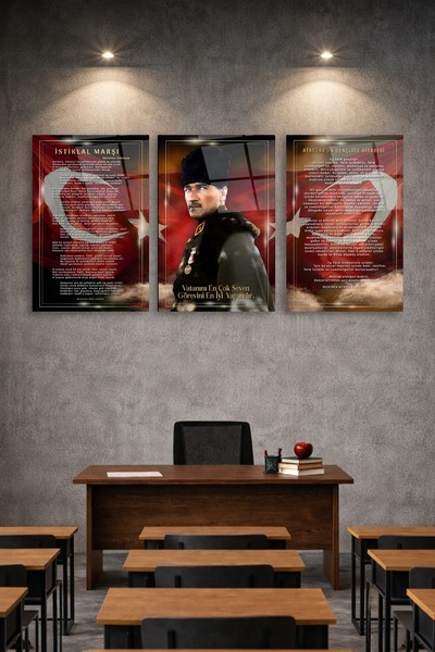 TAULART 3 LÜ ATATÜRK KÖŞESİ İSTİKLAL MARŞI, ATATÜRK, GENÇLİĞE HİTABE SET TABL...