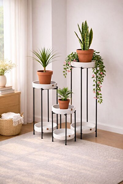 ELF CONSEPT 3 Lü Metal Yuvarlak Siyah Ayaklı Çiçeklik Seti Saksılık Beyaz