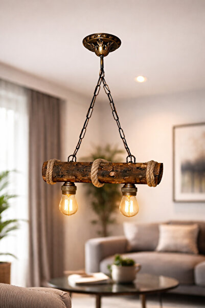 ŞEN AHŞAP AVİZE TASARIM HALATLI ESKITME RUSTIK 2 Lİ AVİZE MODELİ