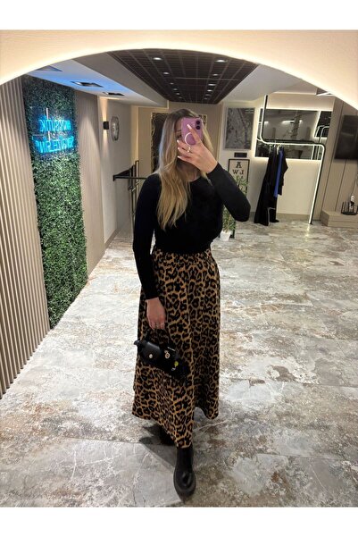mor butik Fusta lungă maxi, model cloş, cu imprimeu leopard, pentru femei, ex01