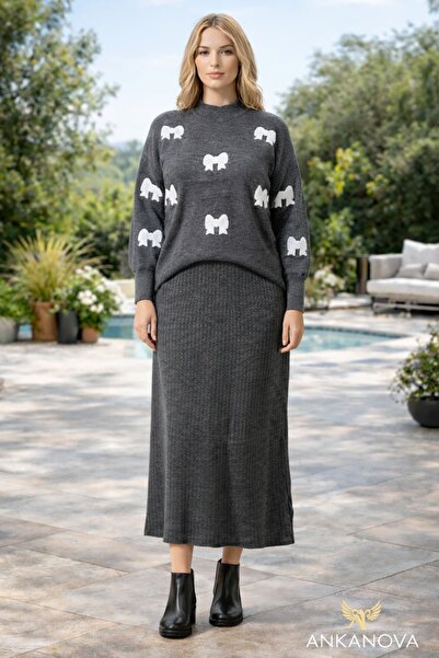 ANKANOVA Women's Knitwear Bow Detailed Sweater Dress Loose Standard Size Dres...