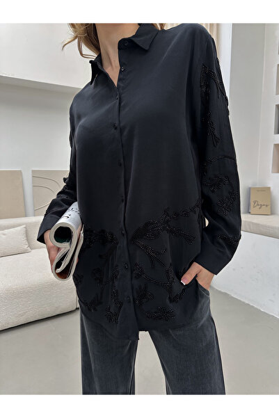 MİA NOURA Women's Oversize Shirt with Beading on Front, Back and Sleeves