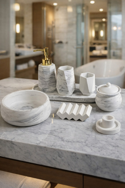 lufen deco Mermer Dokulu 8'li Banyo Wc seti Dekoratif Aksesuar Sıvı Katı Sabu...