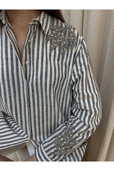 MİA NOURA Women's Oversize Shirt with Beaded Front and Sleeves