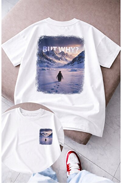 Fuddy Moda تي شيرت للجنسين But Why Yalnız Penguin Back مطبوع، تي شيرت قصة فضف...