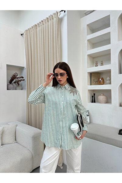 MİA NOURA Women's Oversize Shirt with Beaded Front and Sleeves