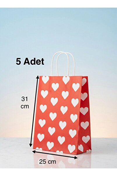 e Erta Beyaz Kalp Desenli Kırmızı Kraft Çanta 25x31Cm 5 Adet Hediye Poşeti,He...