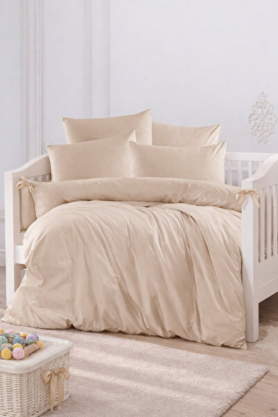 vionetta Ranforce 100% Cotton Beige Solid Color Baby Duvet Cover Set with Ela...