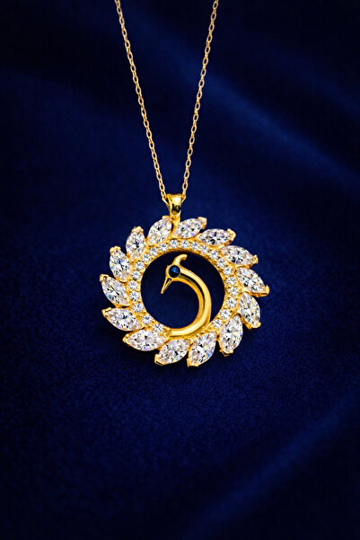 KAR DİAMOND 14 Ayar Altın Zincirli Zirkon Taşlı Tavus Kuşu Kadın Kolye - Sert...