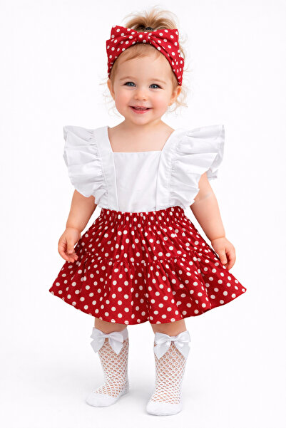 ŞAPKAKİDS Girl's Red Polka Dot Pattern Ruffled Slopet Bandana White Fishnet S...