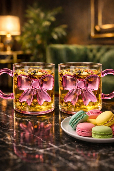 Gülümseten Avm Set of 2 Pink Bow Glass Mugs |   Aesthetic Herbal Tea, Latte a...