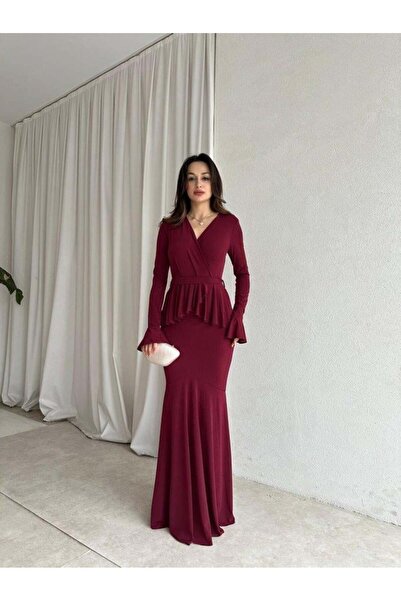 MODA DURAĞI RARE KUŞAK DETAYLI UZUN ELBİSE Bordo