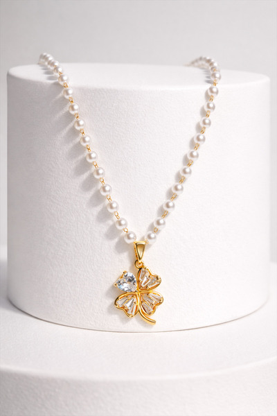 Lunas Bijuteri Paslanmaz Çelik Yonca Figürlü Kolye – İnci Detaylı, Gold