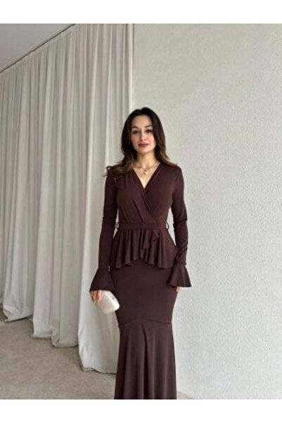 MODA DURAĞI RARE KUŞAK DETAYLI UZUN ELBİSE Acı Kahve