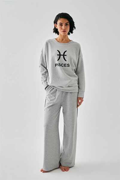 mtm My The Mall Women's Gray Pisces Oversized 2 Thread Tracksuit Home Wear Set
