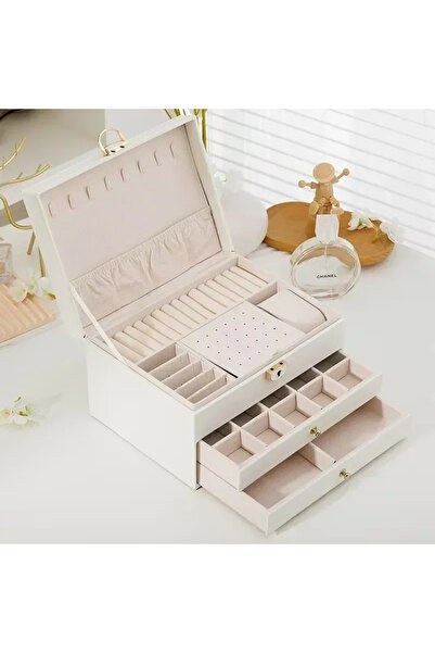 Choice صندوق تخزين مجوهرات أبيض فاخر، علبة مجوهرات ذهبية أنيقة، سعة كبيرة